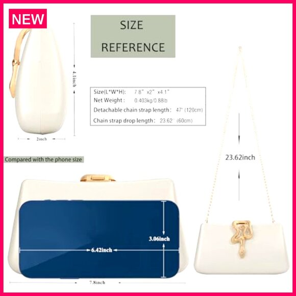 Formal Evening Clutch with Detachable Strap, Snake Clasp, Synthetic Leather